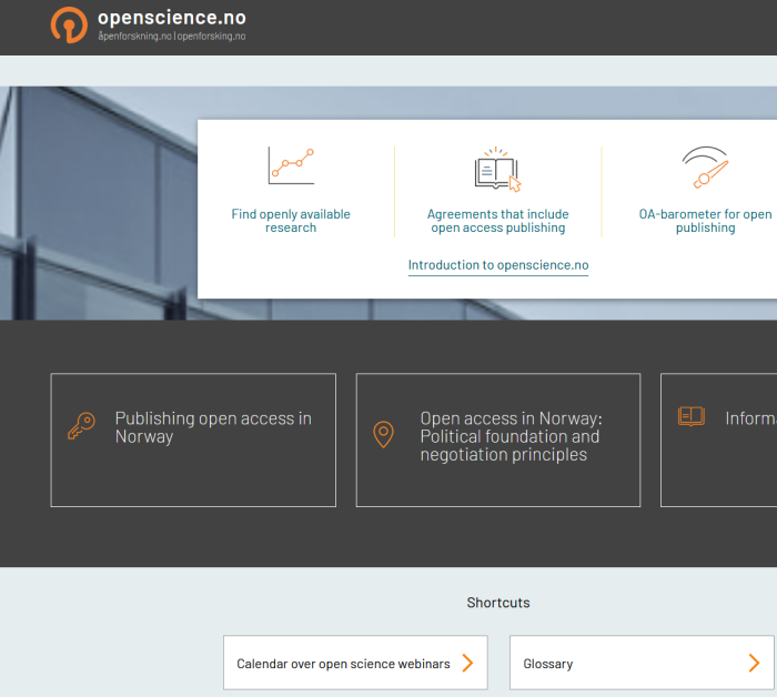 Skjermdump-utsnitt av de engelske nettsidene på openscience.no